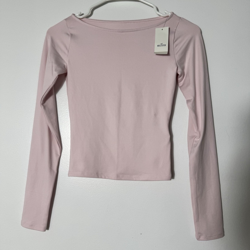 Hollister Womens Long Sleeve Seamless Fabric Slash-Neck Top Light Pink Sz Xxs